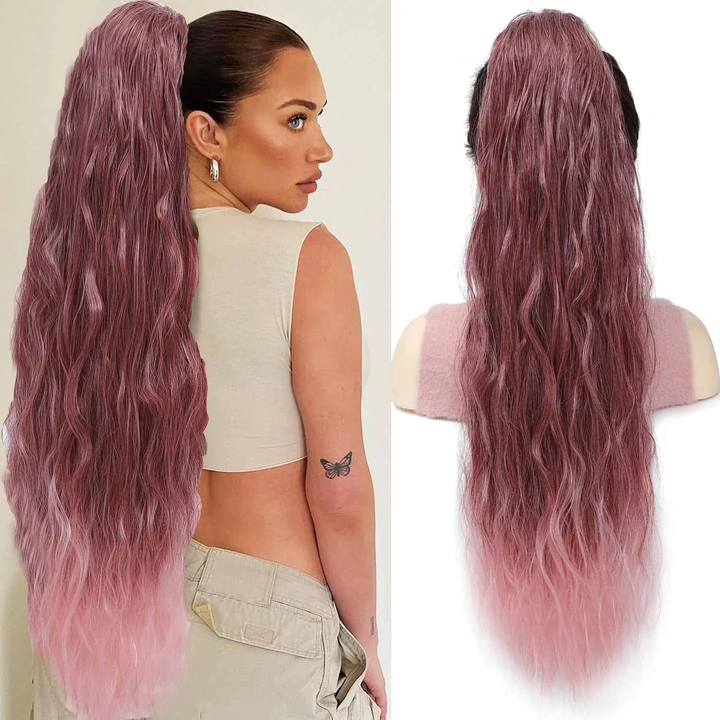 Dark Lavender Light Pink Ponytail Extension Drawstring Ponytail Curly Ponytail Extension for Women Pony Tails Hair Extensions 26 Inch Long Ponytail Extension Clip in Ponytail Hair Extensions Ponytail