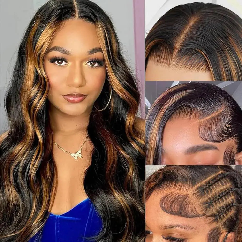 1B/30 Highlight Ombre Lace Front Wigs Human Hair 13x6 HD Glueless Body wave Lace Frontal Wigs 180% Density Brazilian Virgin Human Hair Wigs for Women Pre Plucked with Baby Hair(22 Inch)