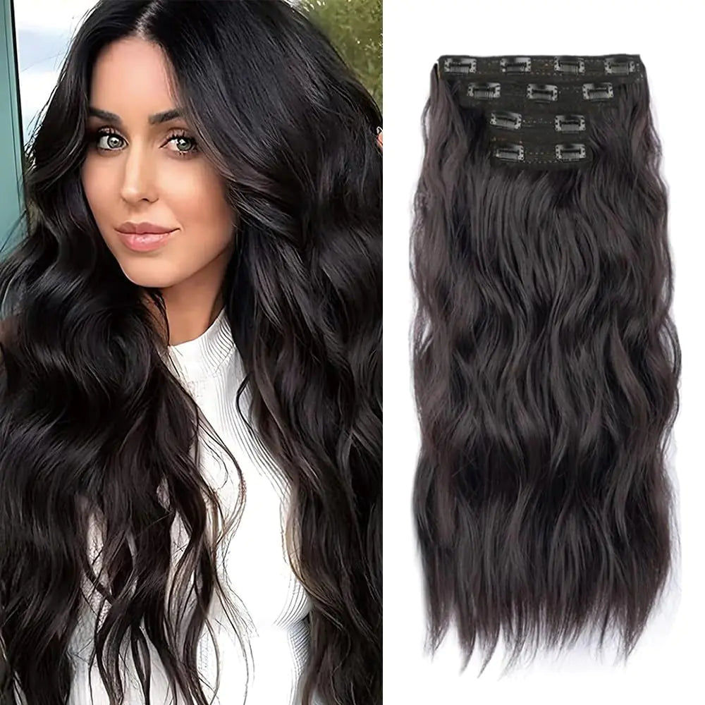 20 Inch Clip in Hair Extensions 4Pcs Hair Extensions Clip Ins Dark Brown Double Weft Hair Extension Long Wavy Synthetic Hair Extensions for Women 20 Inches