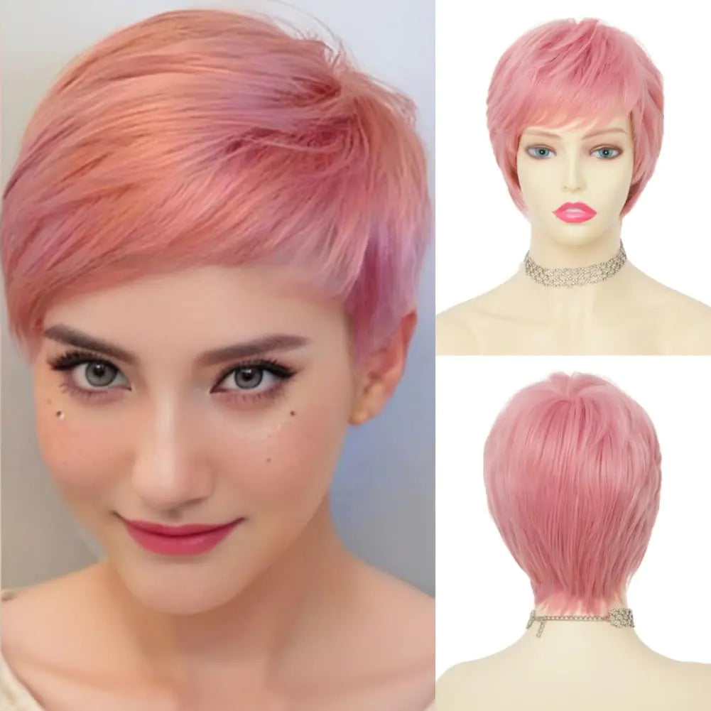 Short Pink Wig for Women Side Part with Bangs Synthetic Pixie Cuts Wig/ Cosplay Daily Party Use