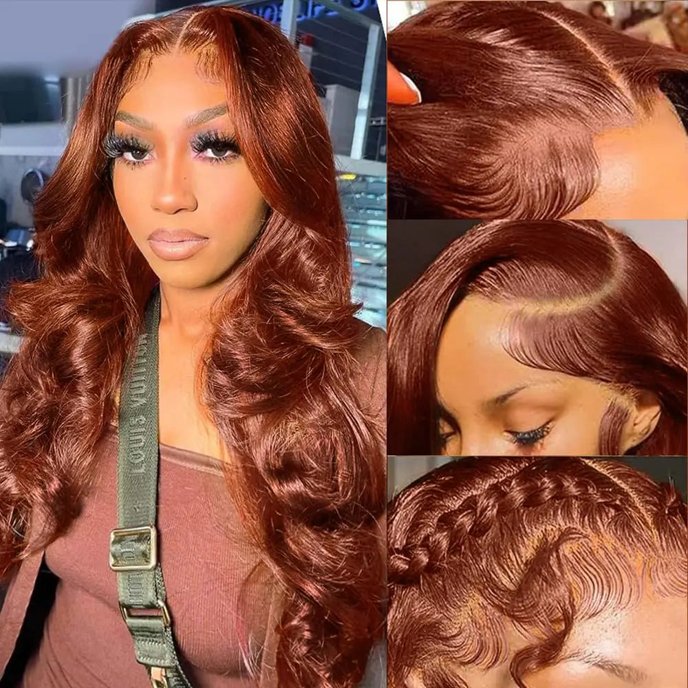 24 Inch 13x6 Reddish Brown Lace Front Wig Human Hair Pre Plucked 200% Density Body Wave Hd Lace Copper Red Glueless