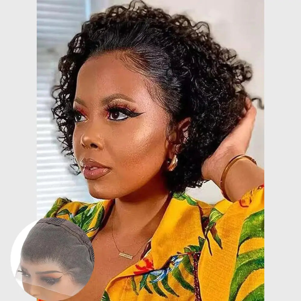 13X4 Short Curly Human Hair Wigs Pixie Cut Wig Human Hair 6 Inch Wear and Go Glueless Wigs Human Hair Pre cut Short Lace Front Wigs for Black Women