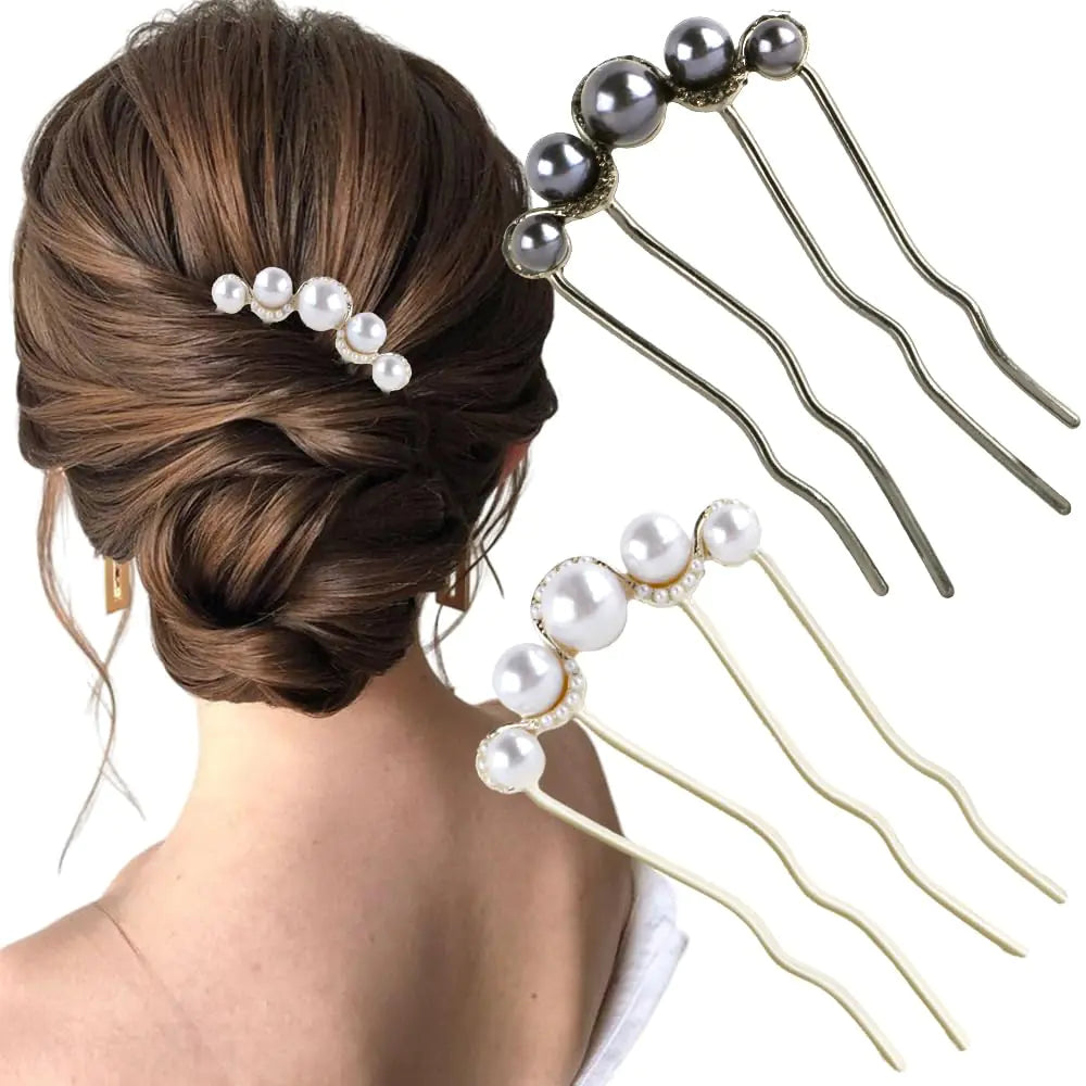 2Pcs Pearl U Shaped Hair Pins for Buns and Updos