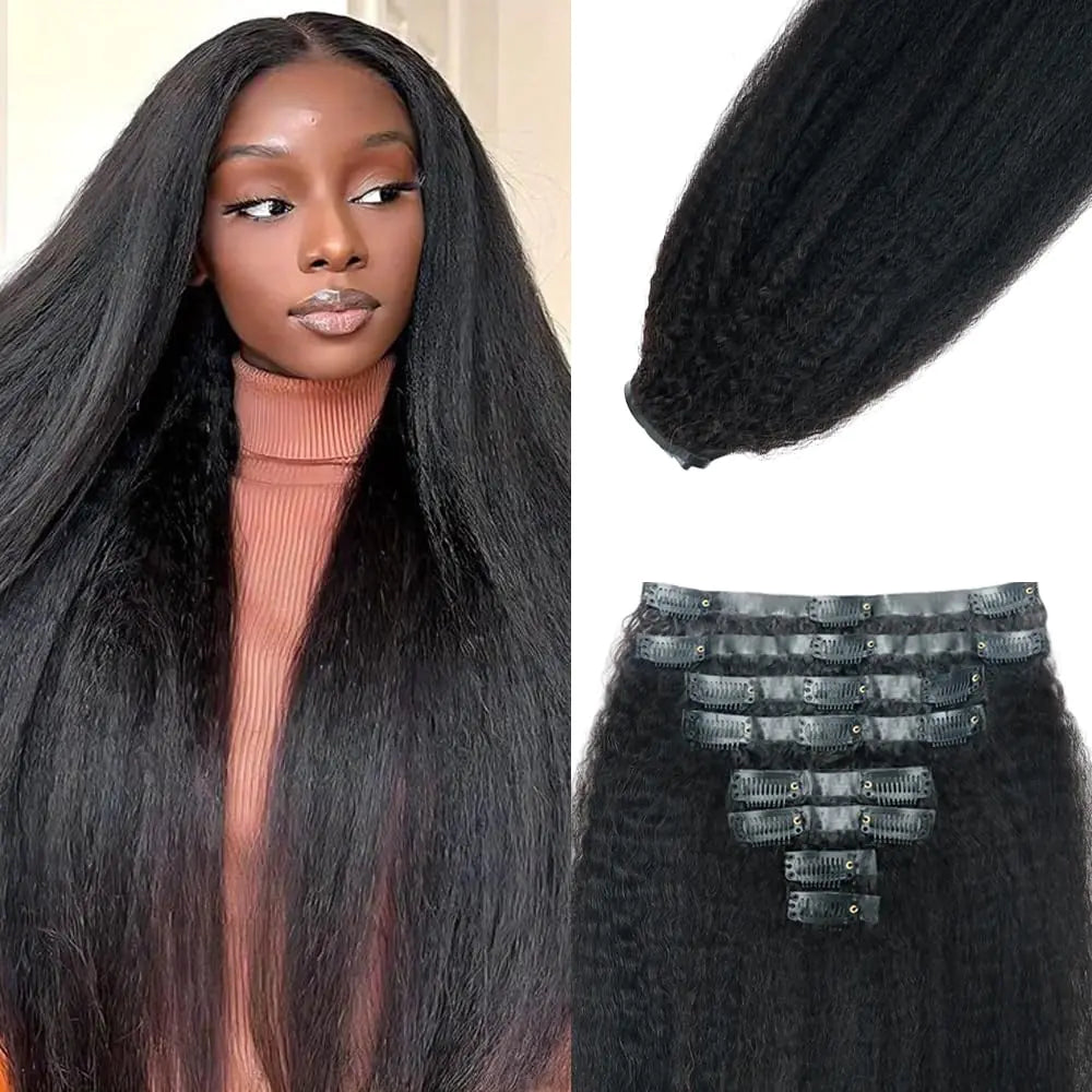 Seamless Kinky Straight Clip in Hair Extensions for Black Women Brazilian Virgin Human Hair Extensions 8Pcs Seamless Clip ins Human Hair with 18Clips Invisible PU Skin Weft 120g 12inch Natural Black
