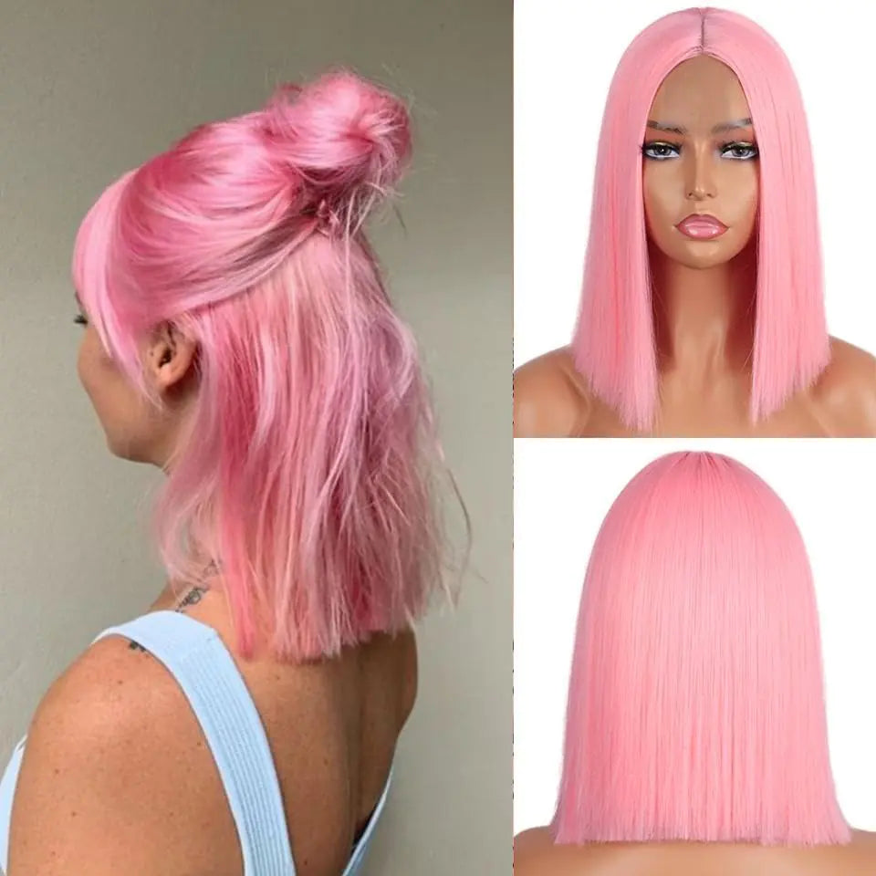 Pink Bob Wig Glueless Straight Synthetic Heat Resistant Fiber Middle Part Medium Length 16 inches