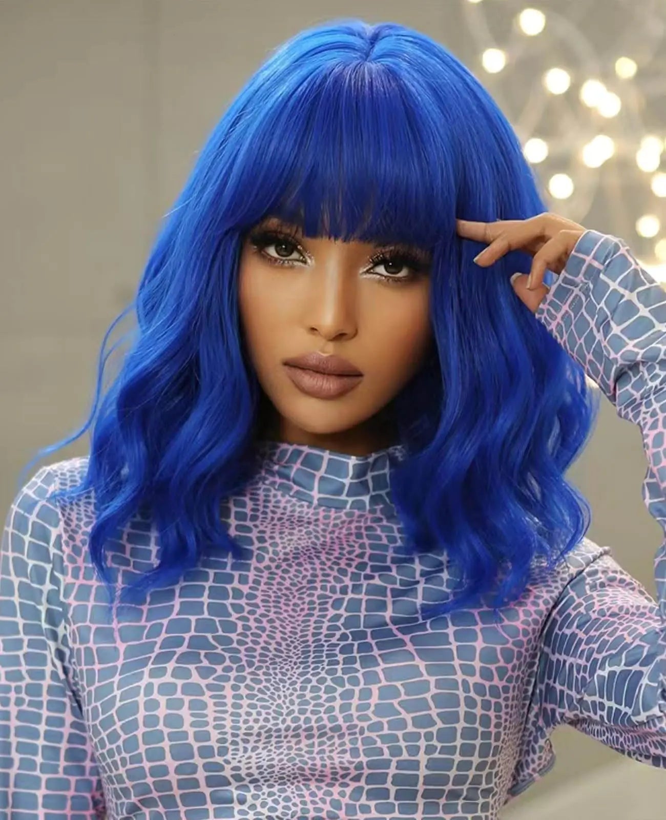 Blue Wig with Bangs14 Inch Natural Wavy Blue Wigs for WomenLoose Curly Blue Bob WigShoulder Length Synthetic Heat Resistant Fiber WigColored Wigs for Daily Party UseHalloween Costume Wigs