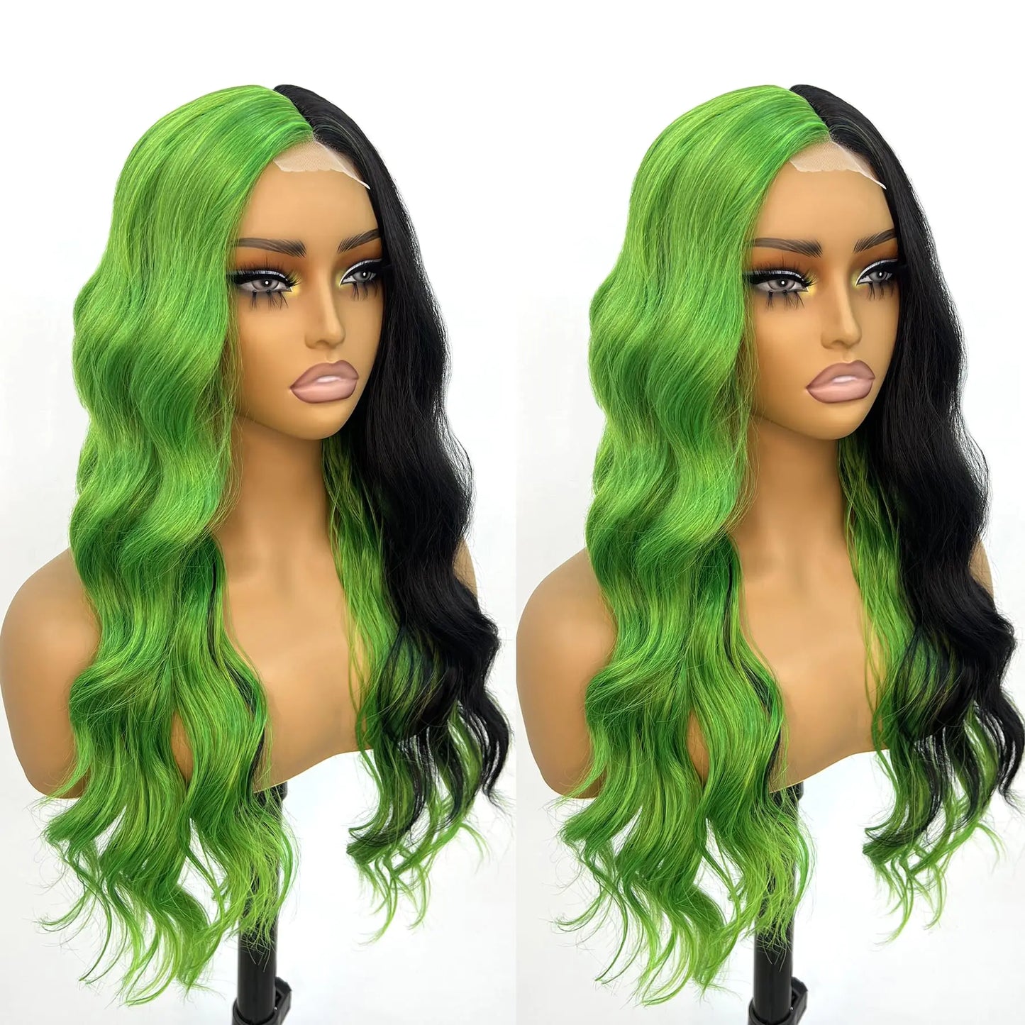 Green and Black Lace Front Wig Long Wave Synthetic Green Wigs for Women 24-26 Inch (3/4 Green & 1/4 Black)