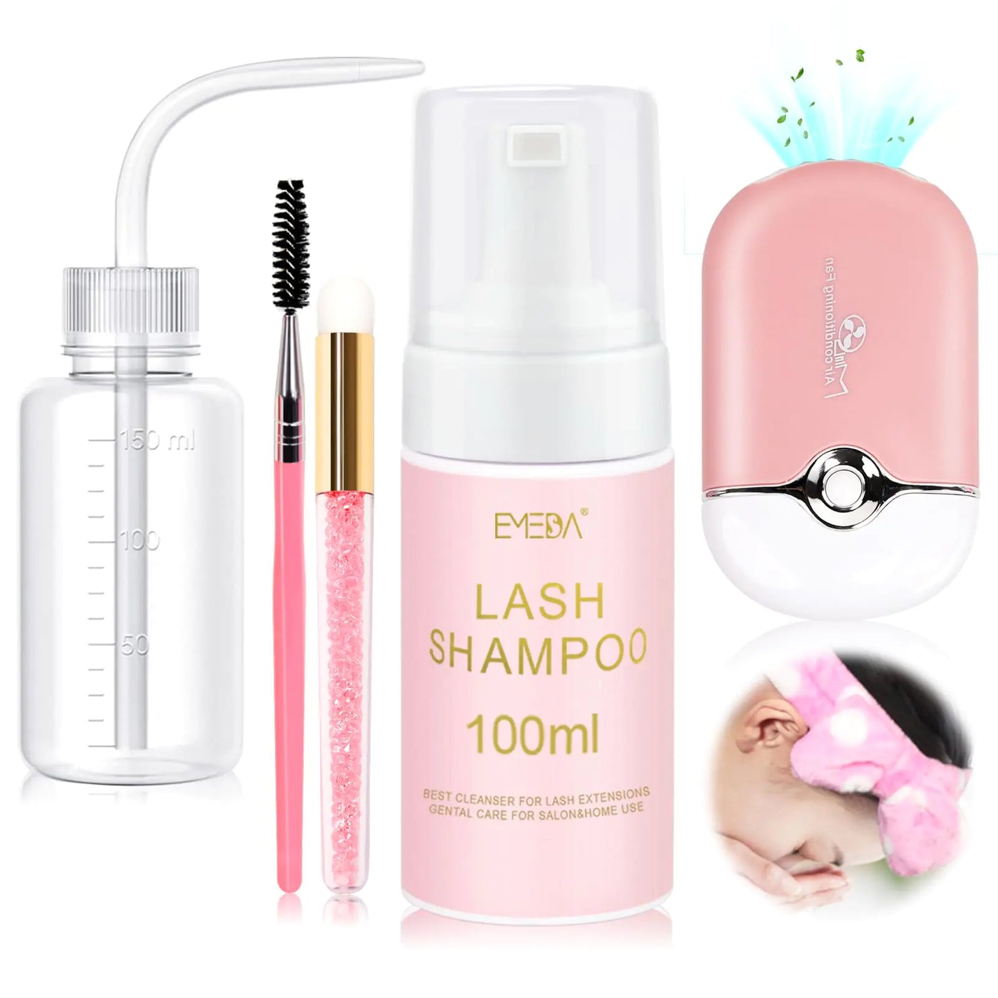 EMEDA Lash Shampoo for Extensions Cleaning Bath Kit for Cluster Lashes Fan Brush Wash Bottle Hair Band Oil Free Foam Soap Cleaner Eyelash Cleanser