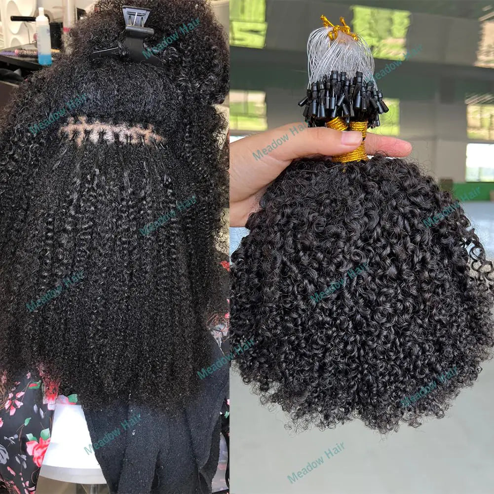 Afro Kinky Curly Micro Link Human Hair Extensions Brazilian Virgin Micro Links Hair Extensions 100 Strand Micro Loop Real Human Hair Extensions For Black Women 95G 22Inch