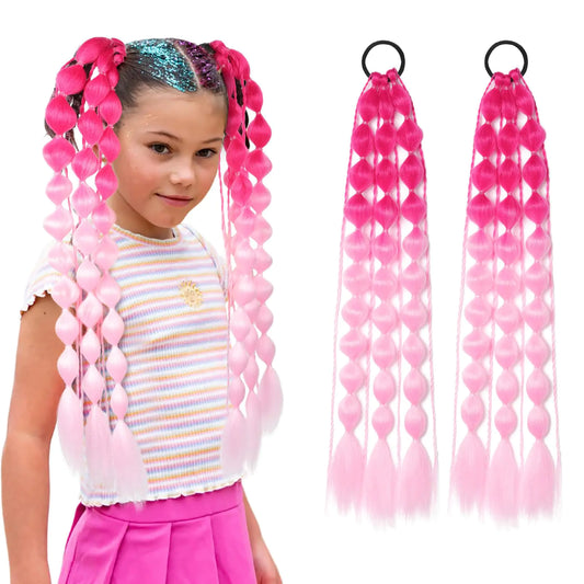 Colored Hair Extensions Behufun 2Pcs 20" Lightweight Colored Hair Extensions for Kids Bubble Ponytail Extension with Hair Tie Ombre Crazy Hair Day Accessories for Girls Festival Rave B40