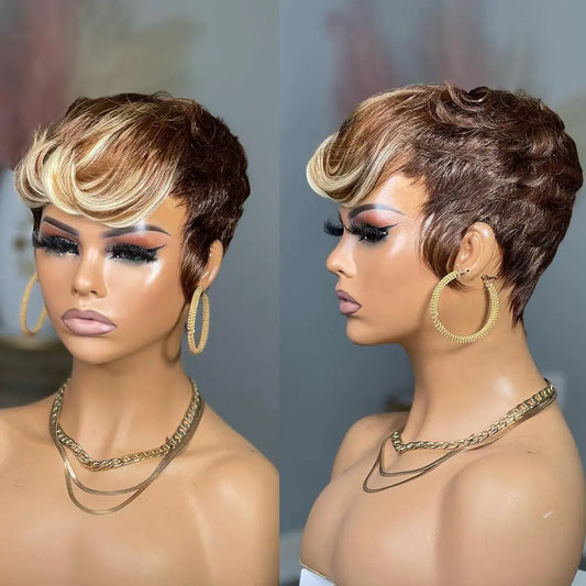 Short Layered Pixie Wigs with Bangs 4/4/613 Blonde Color Glueless