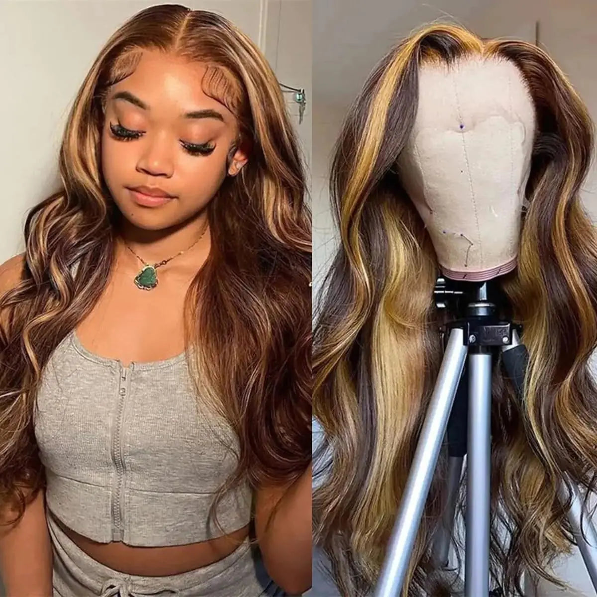 Honey Blonde Body Wave Lace Front Wigs Human Hair Pre Plucked 180 Density Highlight Ombre HD Transparent Lace Frontal Wigs Human Hair for Women 10A Glueless Wigs Human Hair with Baby Hair 22 Inch