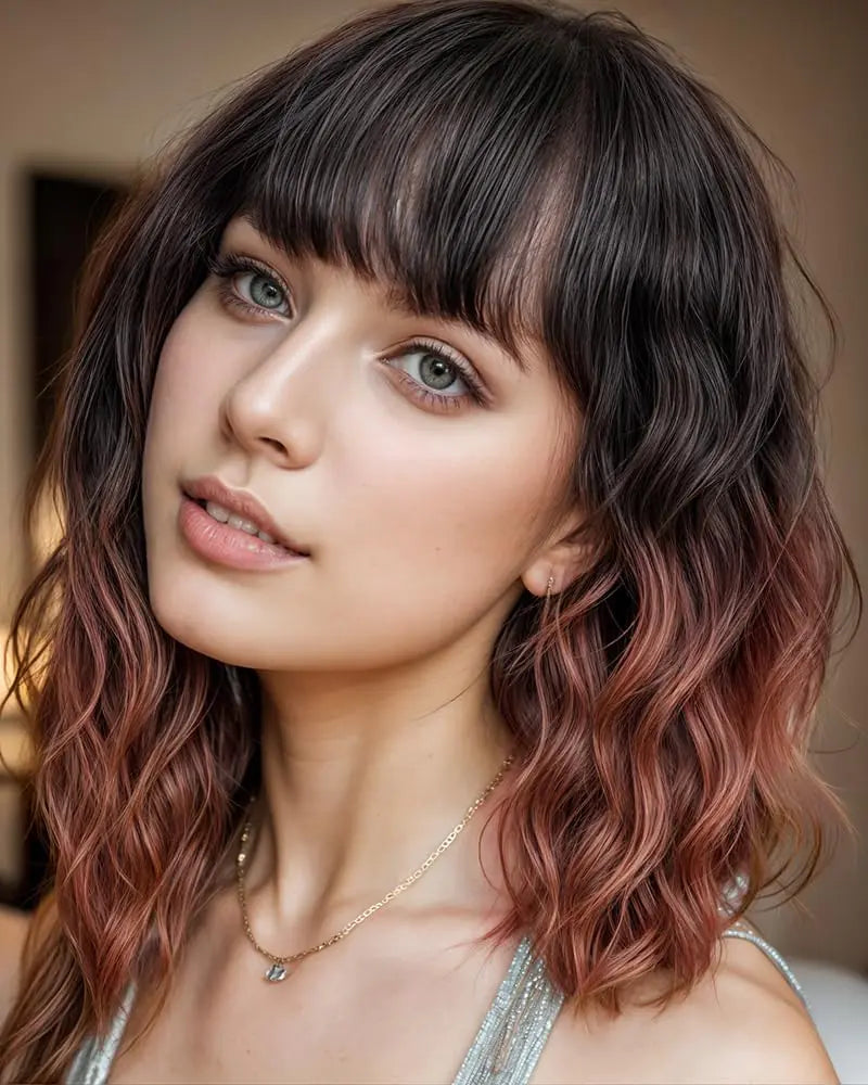 Short Wavy Auburn Wig with Bangs 14inch Ombre Auburn Wigs for Women Short Curly Bob Wigs Synthetic Natural Looking Hair Replacement Wigs Costume Cosplay Halloween Wig(14 Ombre Auburn)