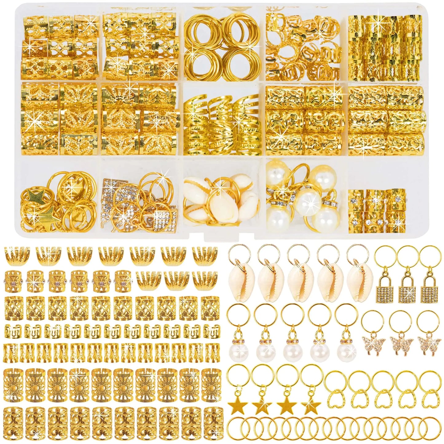Hair Beads Jewelry 212pcs Hair Accessories Loc Jewelry Tube Bead for Hair Dreadlock Metal Hair Coils Rings Hair BraidingGold Hair Jewels PendantsBraid CuffsClips DIY Belongs to Your Beauty