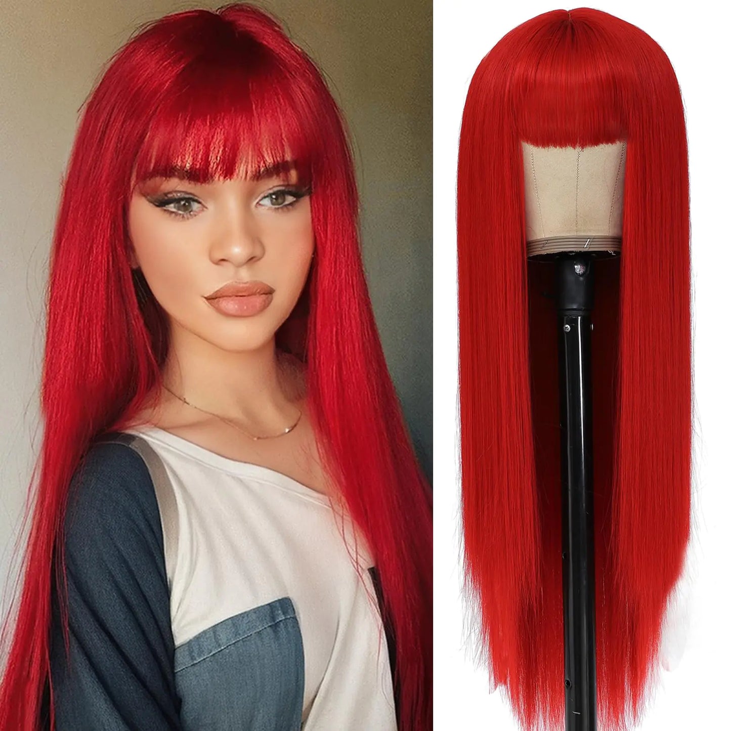 MINSEEYOO Long Red Wig with Bangs Straight Heat Resistant Synthetic