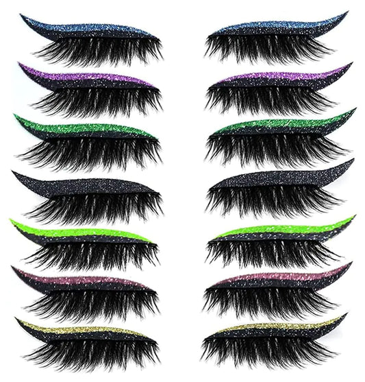 False Eyelashes Reusable Eyeliner and Eyelash Stickers 7 Color Waterproof Sticker EyelashesEasy to Wear and RemoveWomen Make Up Glitter Lashes (A Set of Seven Colors)
