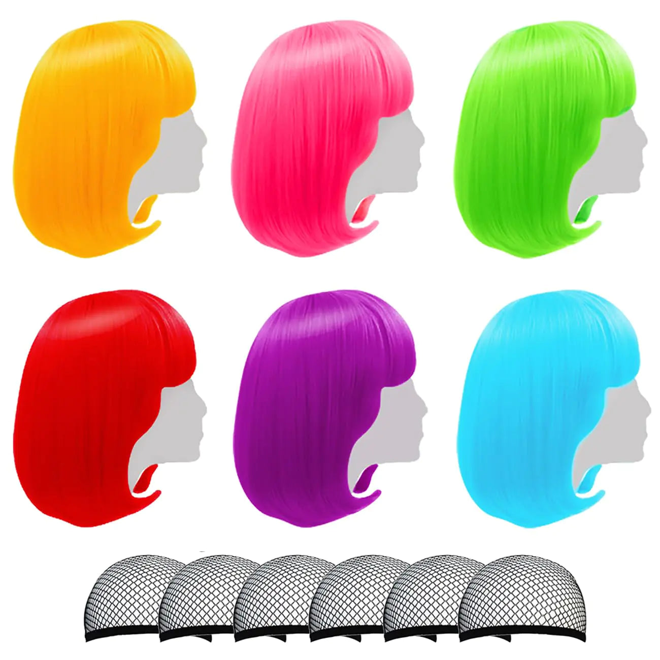 Neon Colored Wigs 6 Pack Short Bob (Orange Red Blue Purple Green Hot Pink)