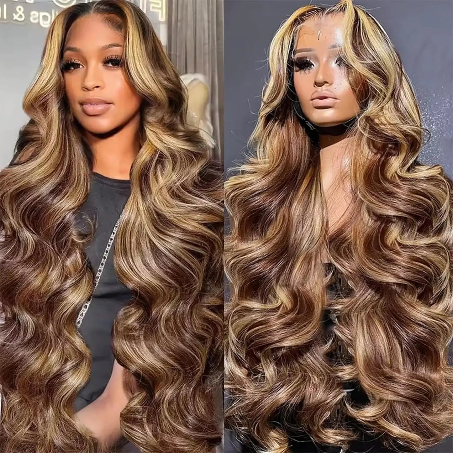 34 Inch Ombre Lace Front Wig Human Hair 13x6 Highlight Body Wave Wig Pre Plucked 180 Density #4/27 Colored Glueless Honey Blonde