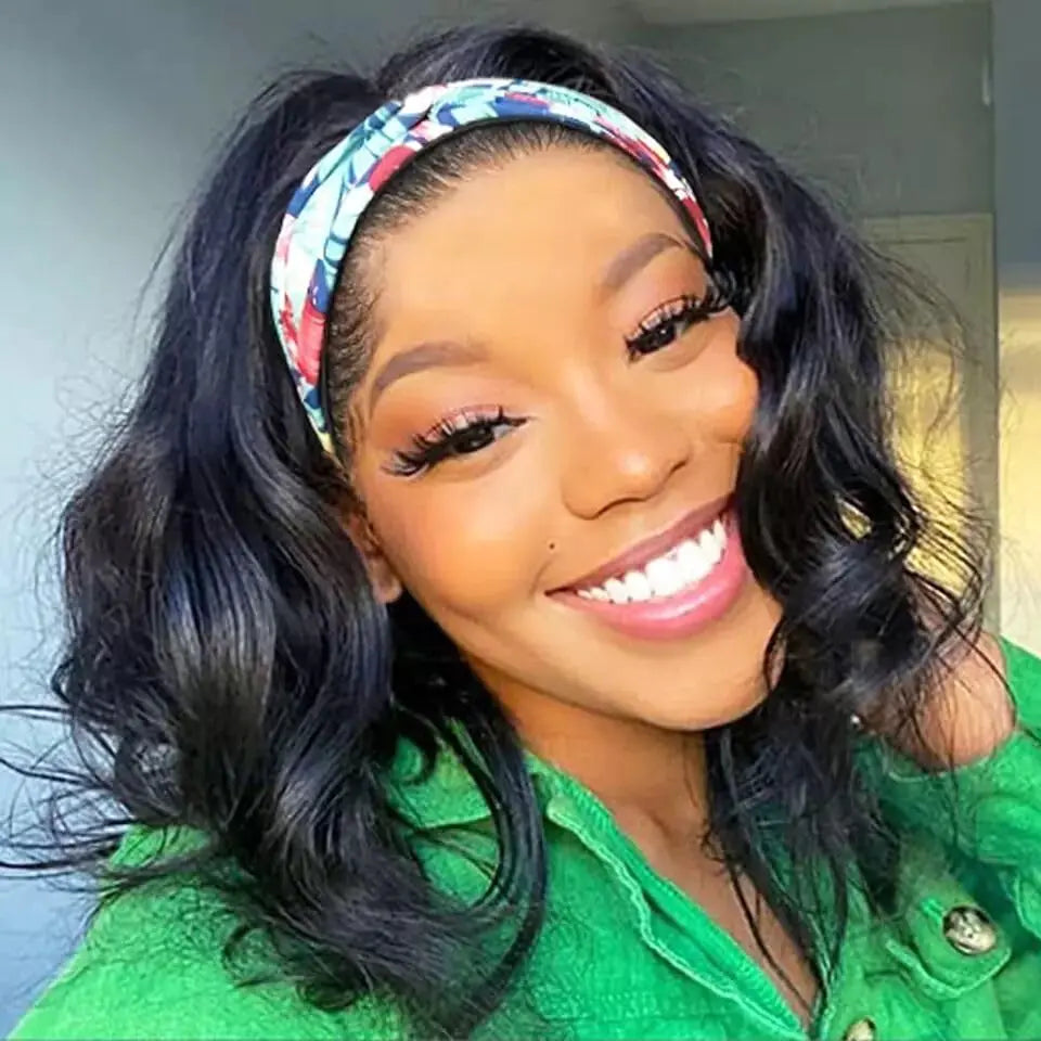 Headband Wig Human Hair Body Wave Headband Wigs for Black Women Non Lace Front Human Hair Wigs Brazilian Virgin Hair Headband Wig Wear and Go Guleless Wigs Natural Color (12 Inch)