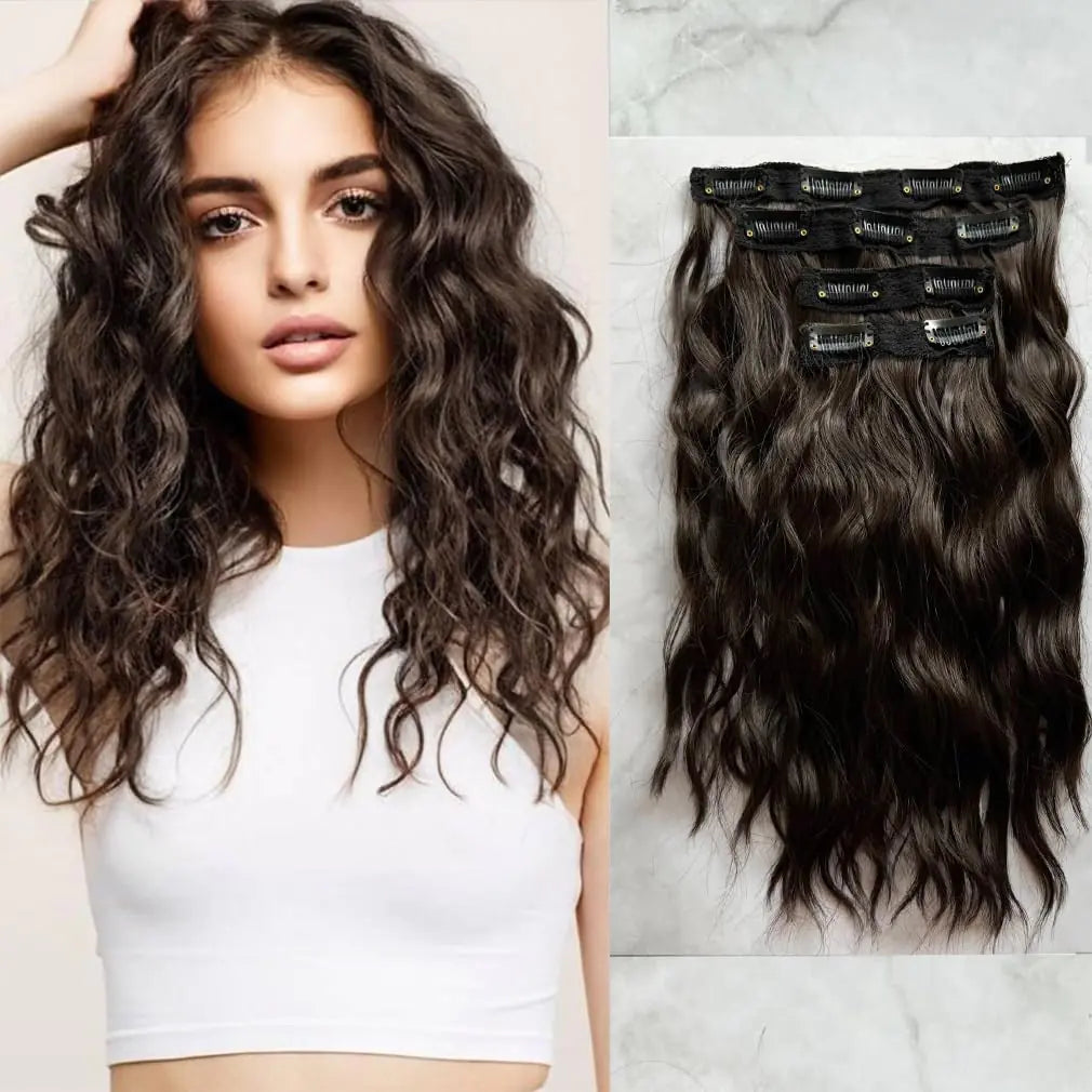 4PCS Clip in Hair Extensions 12" Short Curly Wavy Hair Extensions Invisible Lace Weft Natural Soft Hairpieces for Women Chocolate Brown Color
