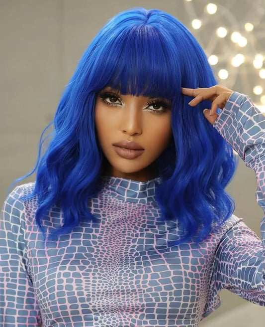 Blue Wig with Bangs14 Inch Natural Wavy Blue Wigs for WomenLoose Curly Blue Bob WigShoulder Length Synthetic Heat Resistant Fiber WigColored Wigs for Daily Party UseHalloween Costume Wigs