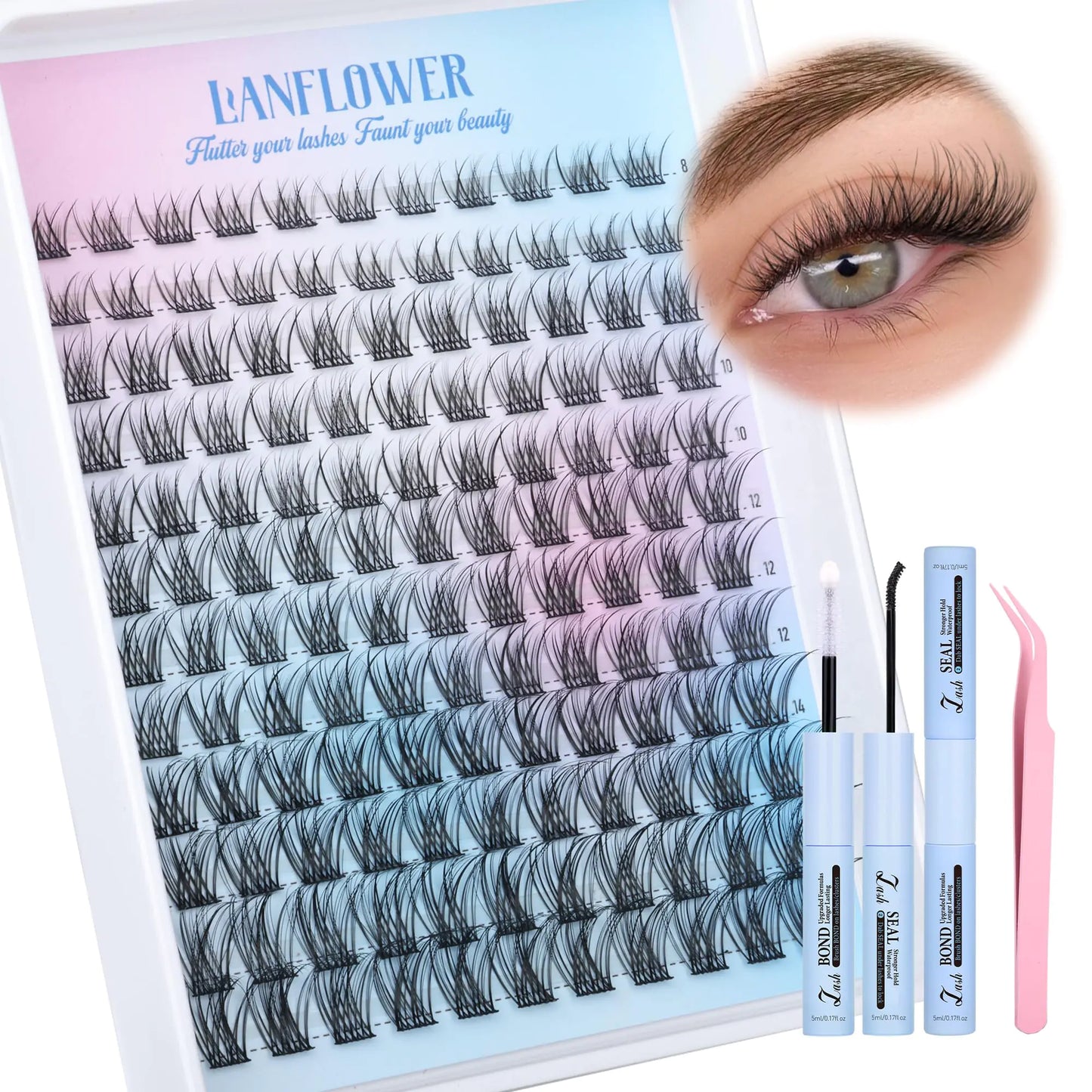 Natural Lash Clusters Kit Wispy Lash Extension Kit for Beginners C Curl Cluster Eyelash Extensions kit 8-16mm by Lanflower