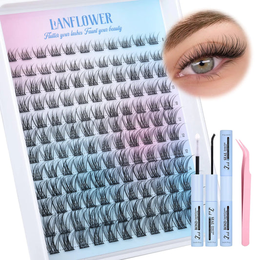 Natural Lash Clusters Kit Wispy Lash Extension Kit for Beginners C Curl Cluster Eyelash Extensions kit 8-16mm by Lanflower