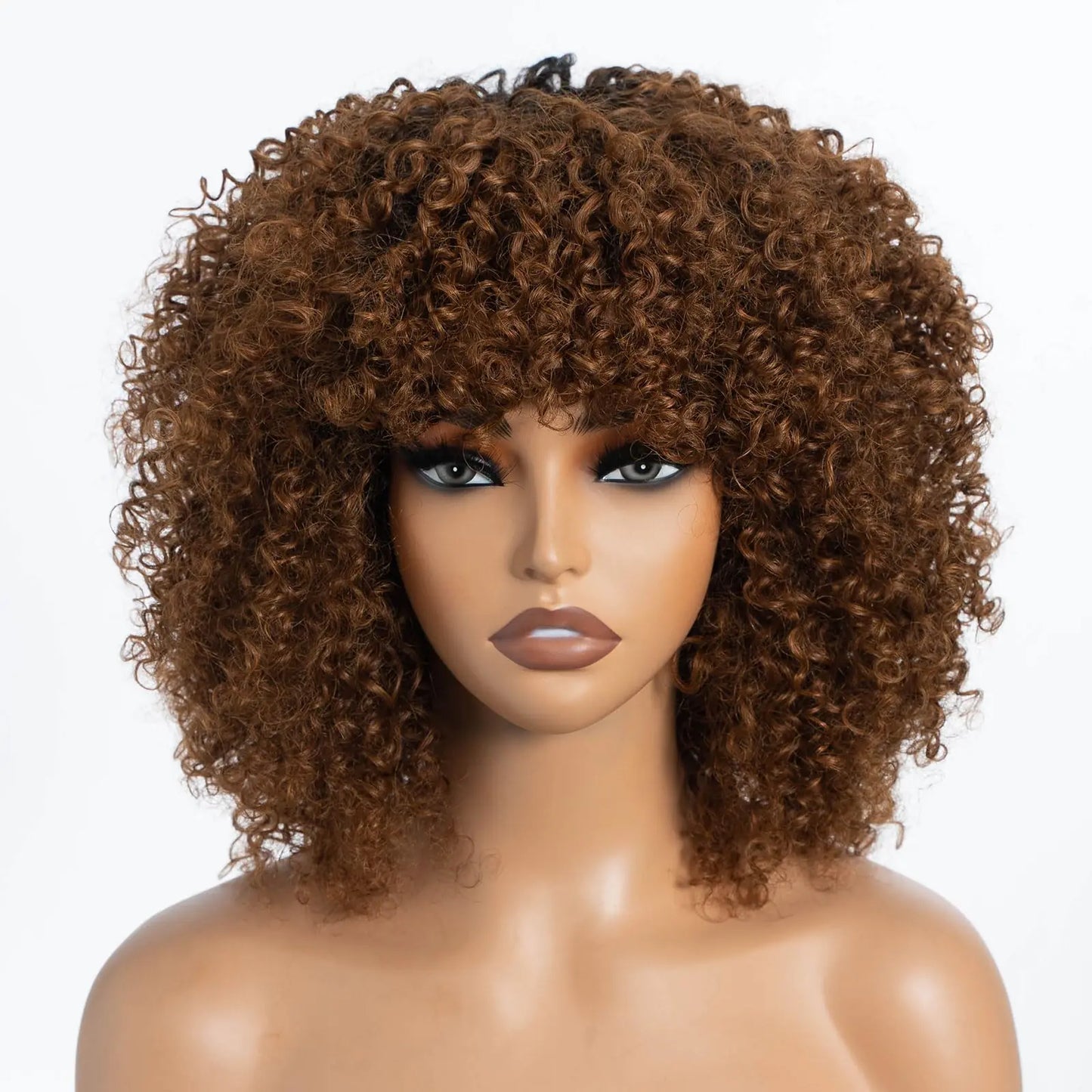 DÉBUT Glueless Bob Wigs Human Hair Ombre Auburn Brown Short Curly Wigs with Bangs Wear and Go Kinky Curly Brazilian Hair Wigs 200% Density for Black Women 14 Inch