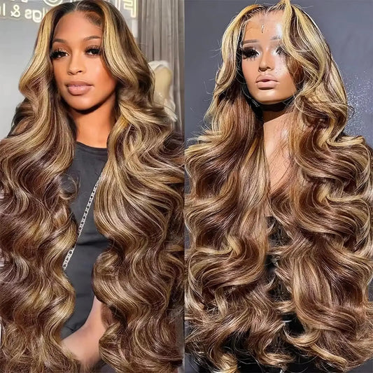 34 Inch Ombre Lace Front Wig Human Hair 13x6 Highlight Body Wave Wig Pre Plucked 180 Density #4/27 Colored Glueless Honey Blonde