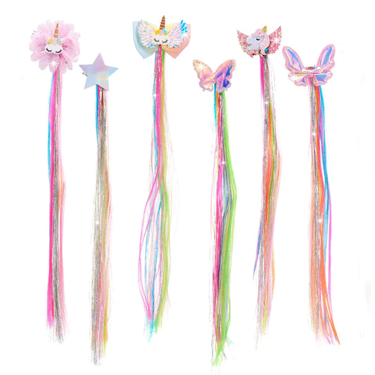 Little World 6 Pcs Rainbow Hair Extensions Unicorn Hair Clips for Girls Ponytails - Colored Accessories