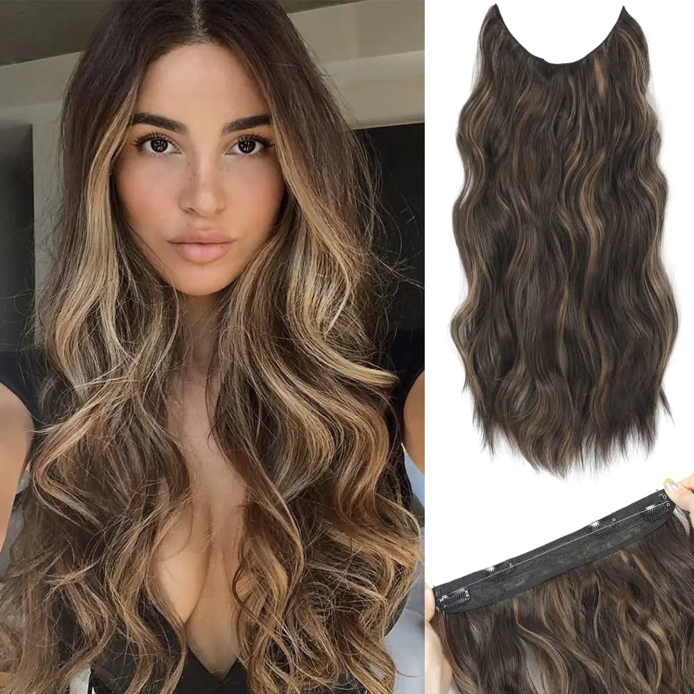 Halo Hair Extensions 20 Inch Invisible Wire Hair Extensions with Adjustable (Brown with Highlighters 20 Inch)