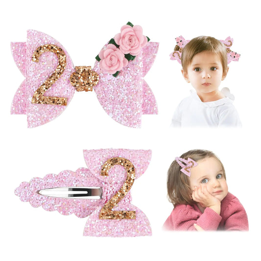Hair Clips for Baby Girls Hair Bows - 2nd Birthday Baby Hair Clips Pink Bow Glitter Baby Bows Toddler Hair Accessories Pink Bows for Hair