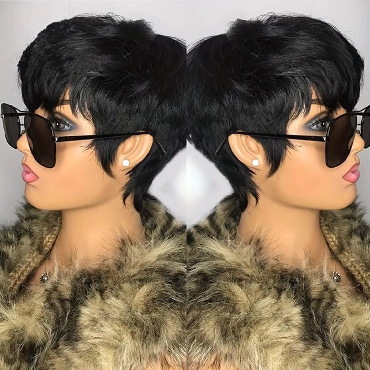 Pixie Human Hair Wig with Bangs Layered 1B Color