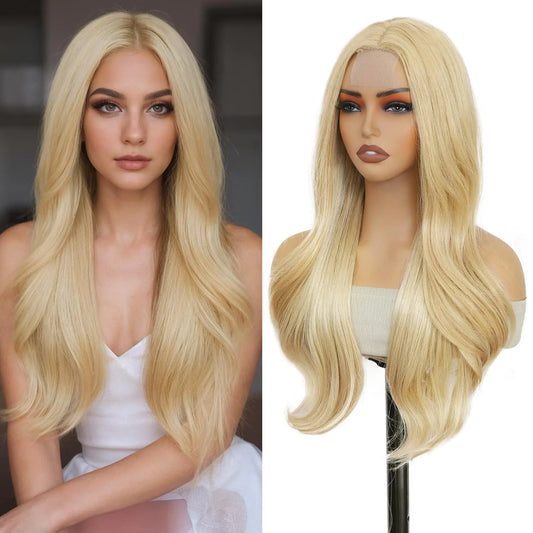 Long Layered Blonde Wig 26 Inch Middle Part Synthetic Hair Wavy Heat Resistant