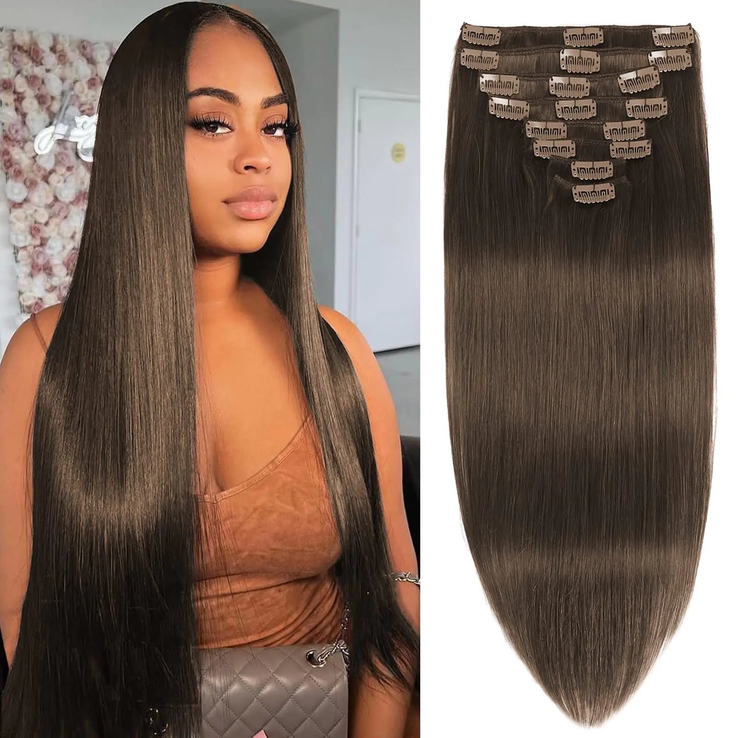 Hair Extensions Human Hair Clip in Medium Brown Real Human Hair 18 inch 8pcs 100% Remy Human Hair Long Soft Hair Like Your Own Hair for Women Gifts